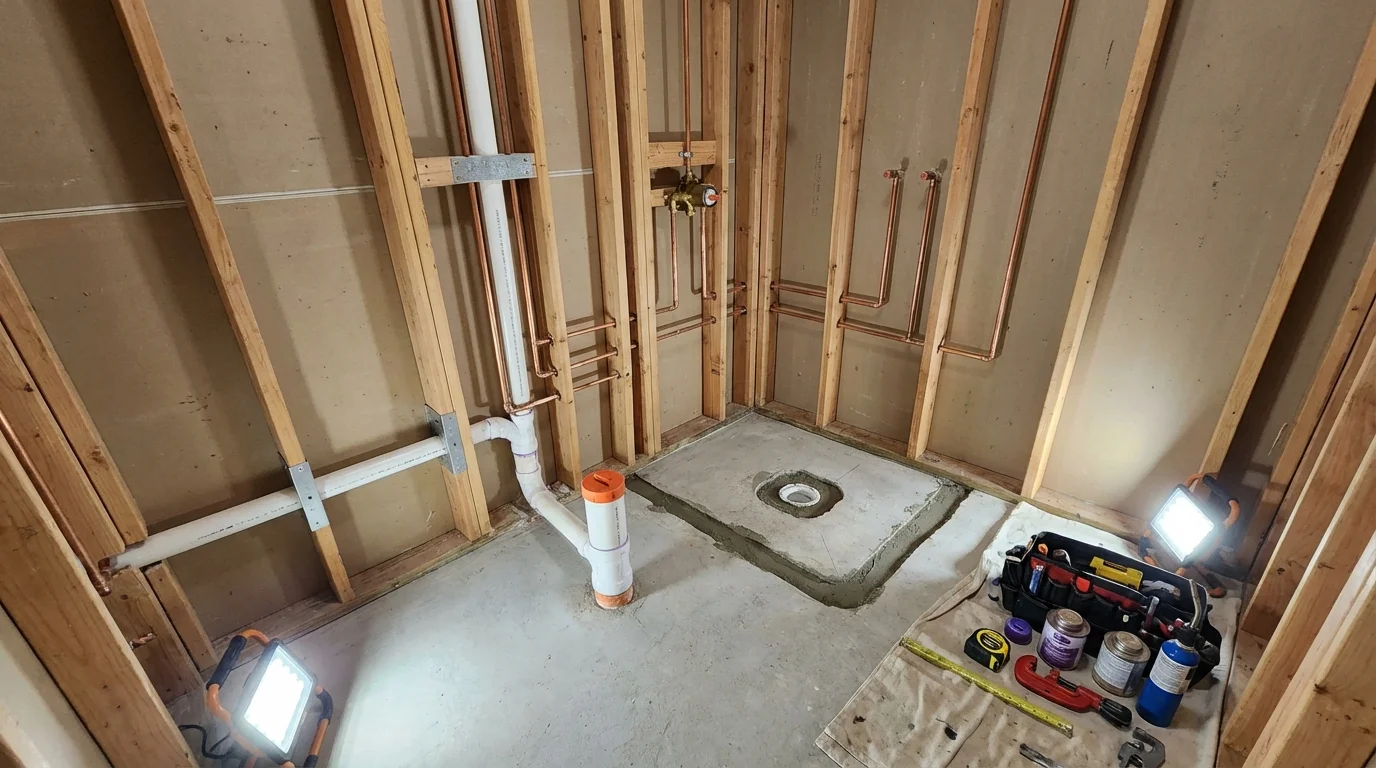 Bathroom rough-in plumbing during remodel by Johns Plumbing LLC in Edgewater