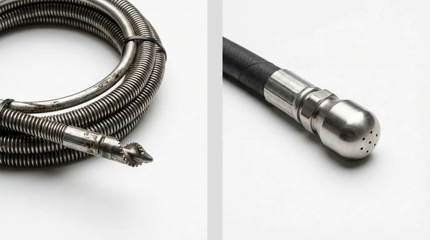 Drain snake cable and hydro jetting nozzle used for drain cleaning in Edgewater, NJ