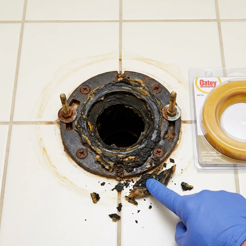 Failed wax ring showing water seepage at the base of a toilet in a Edgewater, NJ home